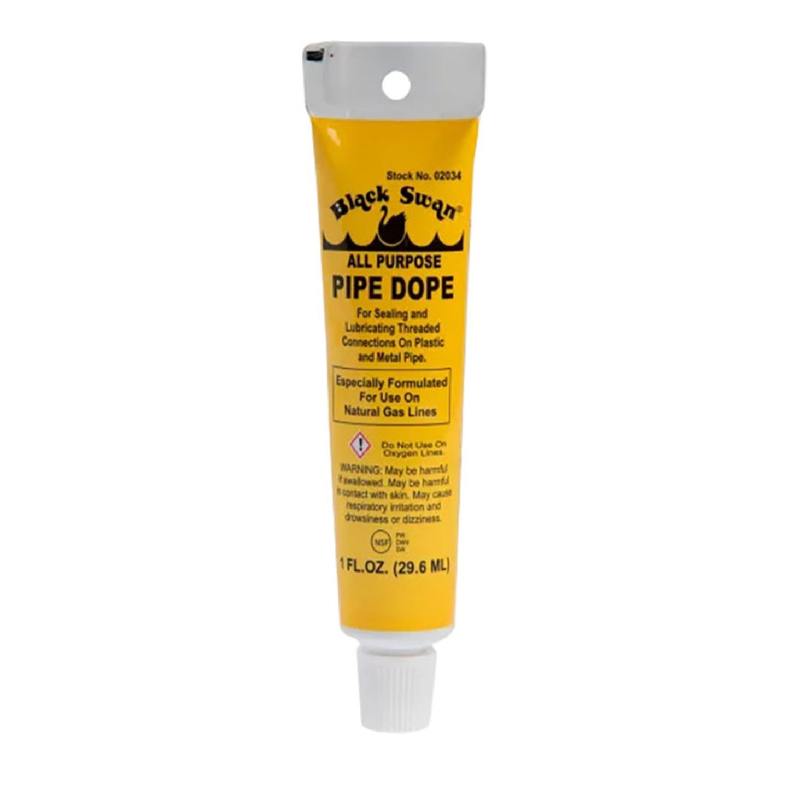 The BLACK SWAN 02034 All Purpose Pipe Dope (Yellow), 1 fl. oz. hang tube, seals and lubricates threaded connections—ideal for natural gas lines. Leak-proof compound; comes in a yellow tube with a white cap from BLACK SWAN.